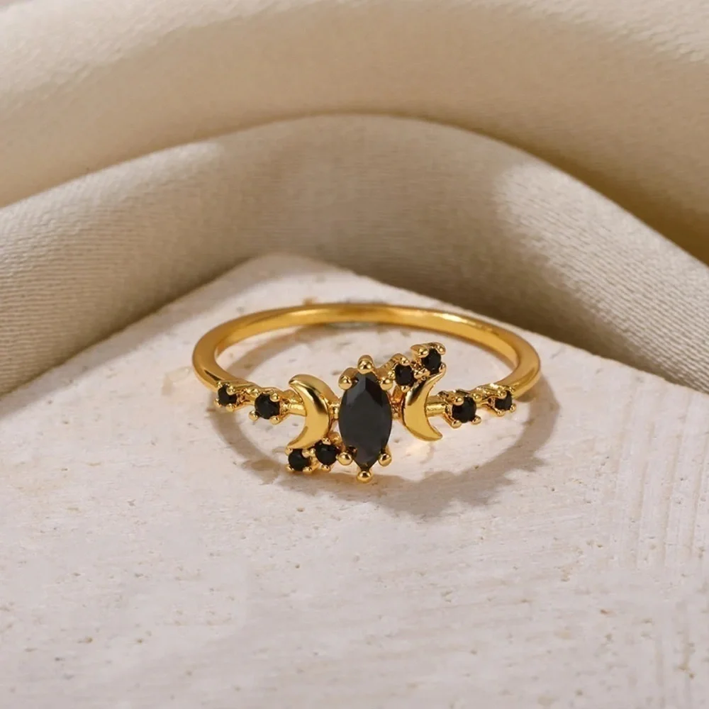 2CT Marquise Cut Black Diamond Triple Moon 14K Gold Ring